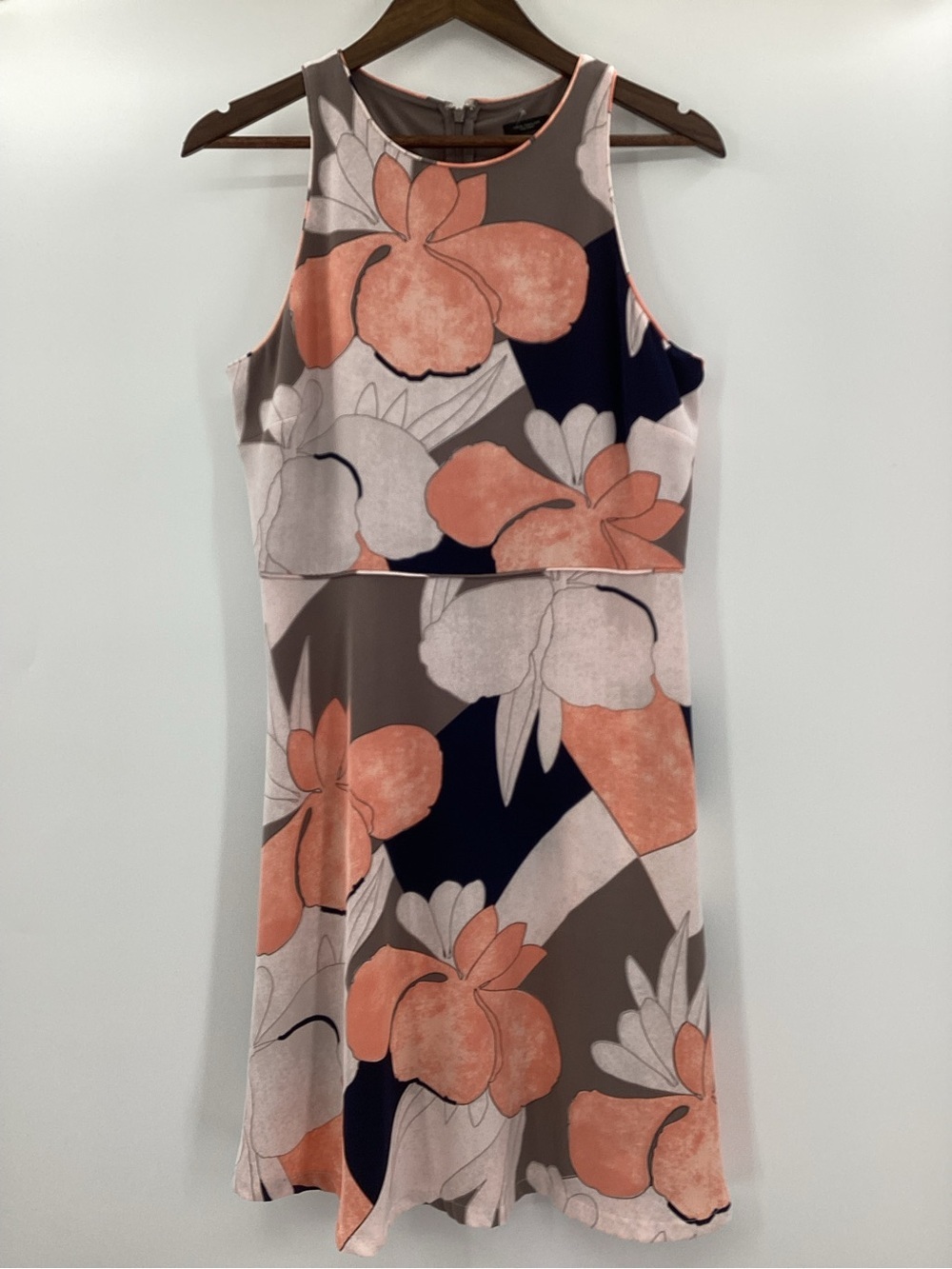 Ann Taylor Coral Floral Midi Dress with Navy and Taupe Accents